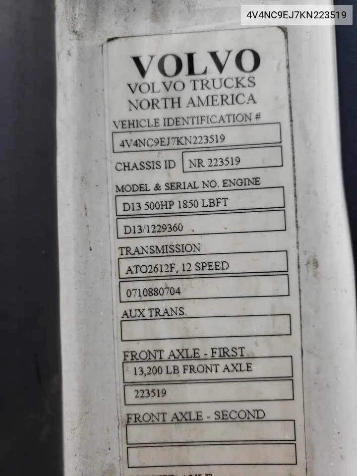 2019 Volvo Vn Vnl VIN: 4V4NC9EJ7KN223519 Lot: 54574295