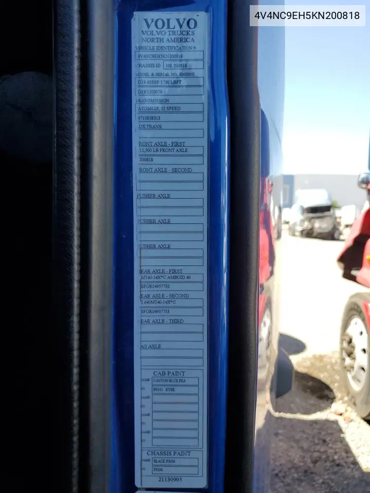 2019 Volvo Vnl Semi Truck VIN: 4V4NC9EH5KN200818 Lot: 59038935