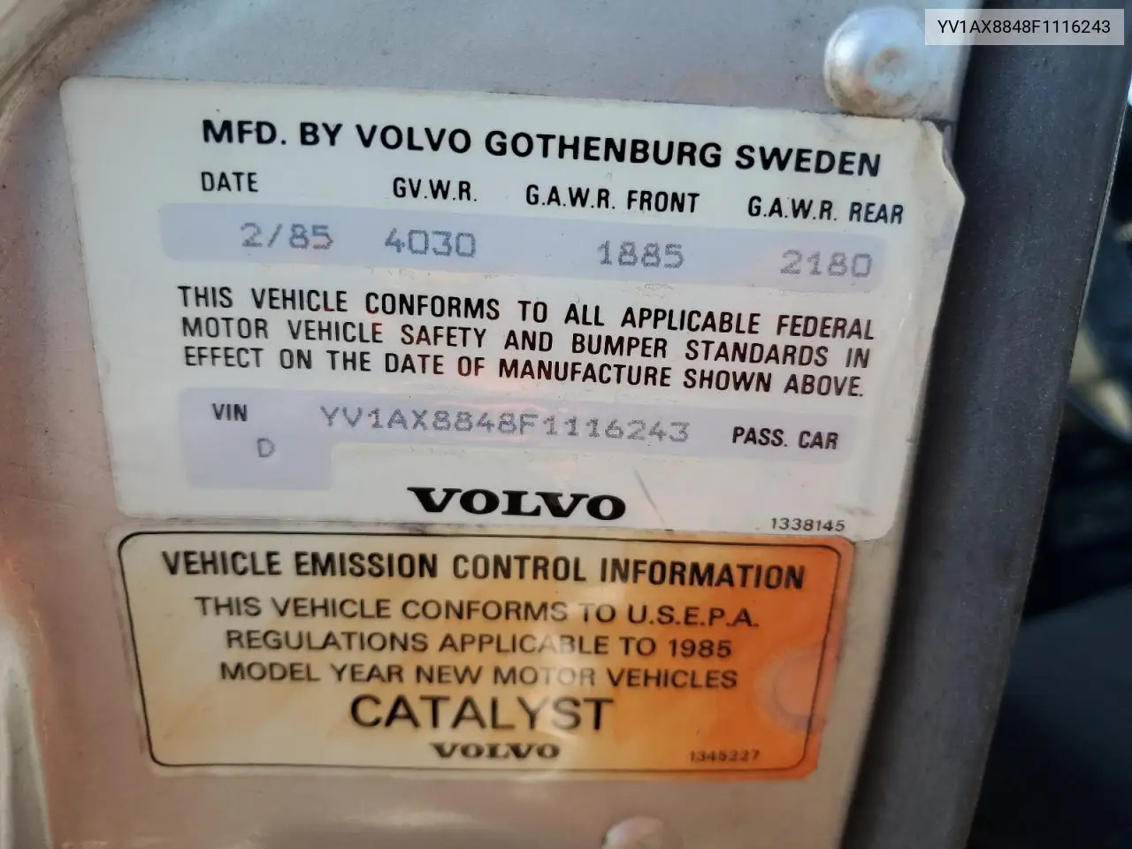 1985 Volvo 244 Dl VIN: YV1AX8848F1116243 Lot: 57331255