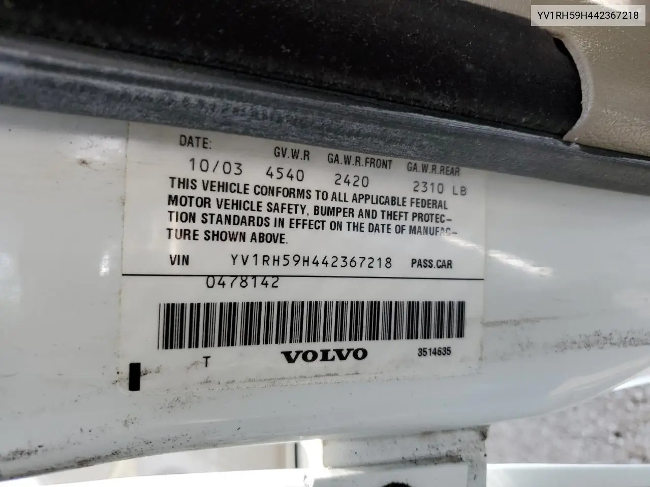 2004 Volvo S60 2.5T VIN: YV1RH59H442367218 Lot: 62094495