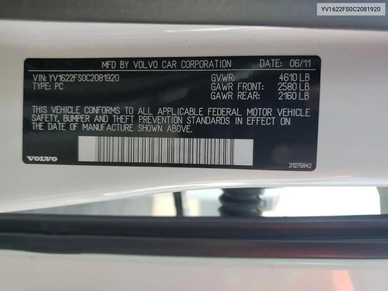 2012 Volvo S60 T5 VIN: YV1622FS0C2081920 Lot: 62650135