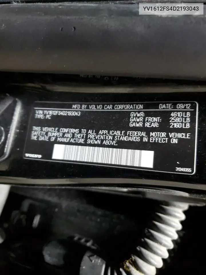 2013 Volvo S60 T5 VIN: YV1612FS4D2193043 Lot: 56729695