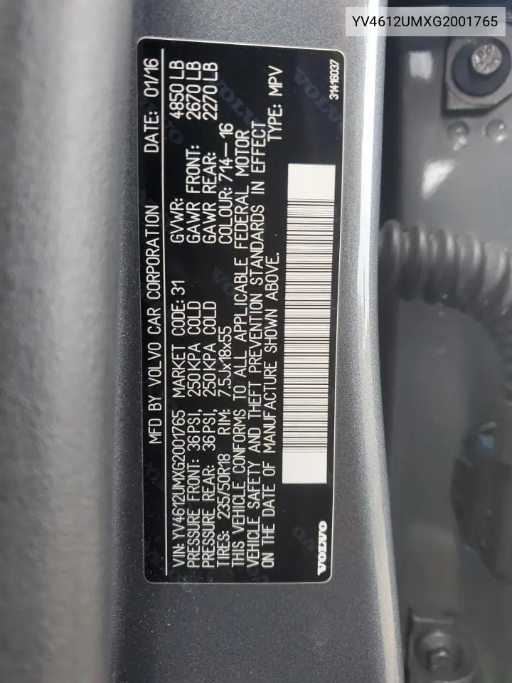 2016 Volvo S60 Cross Country T5 VIN: YV4612UMXG2001765 Lot: 52415675