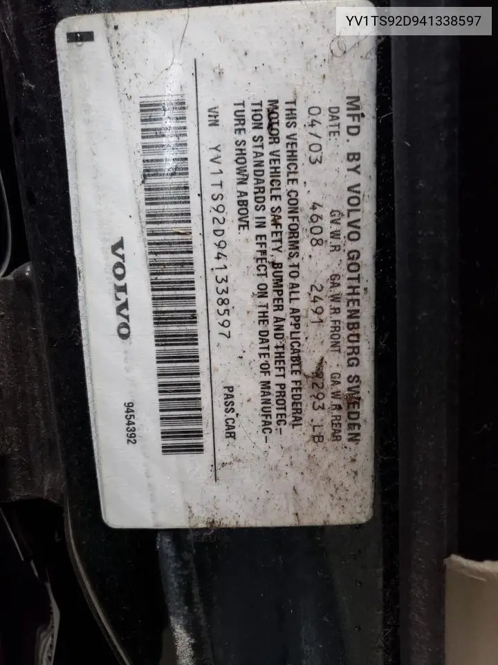 2004 Volvo S80 VIN: YV1TS92D941338597 Lot: 55812535