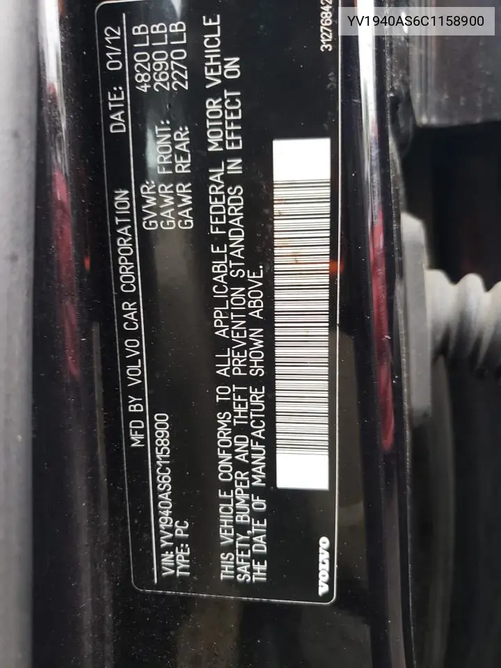 2012 Volvo S80 3.2 VIN: YV1940AS6C1158900 Lot: 60950995