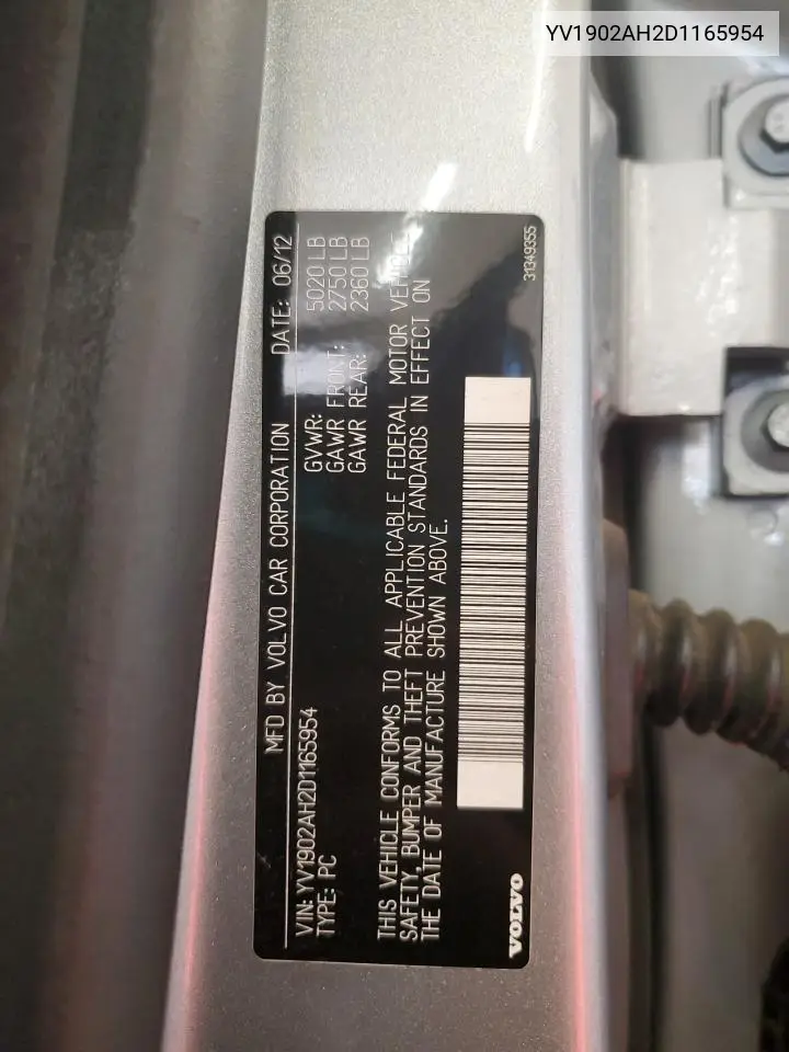 2013 Volvo S80 T6 VIN: YV1902AH2D1165954 Lot: 62221155