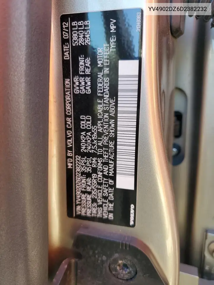 2013 Volvo Xc60 T6 VIN: YV4902DZ6D2382232 Lot: 55960605