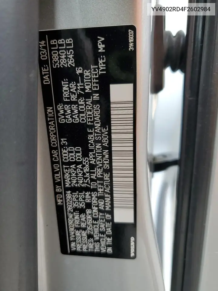 2015 Volvo Xc60 T6 Platinum VIN: YV4902RD4F2602984 Lot: 52503925