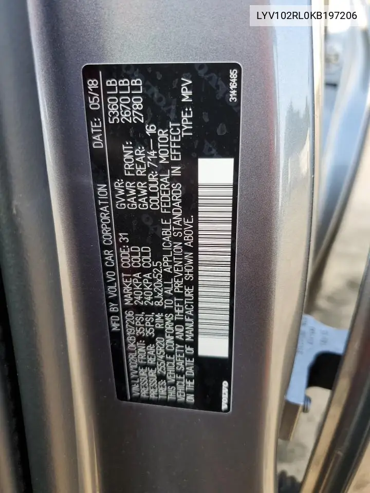 2019 Volvo Xc60 T5 Inscription VIN: LYV102RL0KB197206 Lot: 60993765