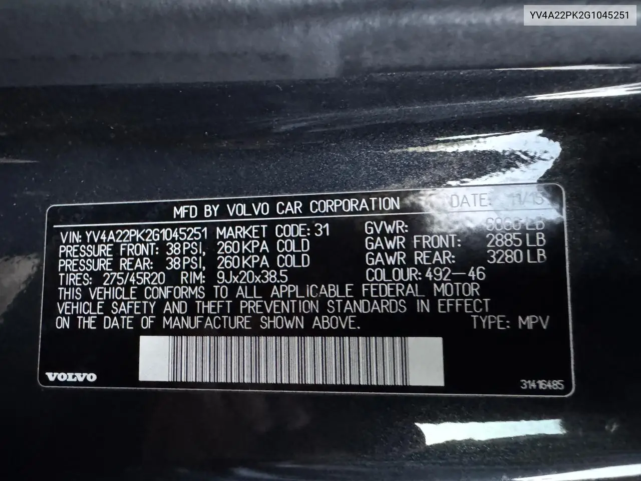 yv4a22pk2g1045251 YV4A22PK2G1045251 2016 Volvo Xc90 T6