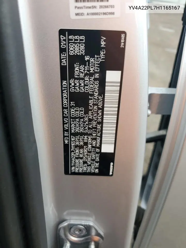 2017 Volvo Xc90 T6 VIN: YV4A22PL7H1165167 Lot: 62067845