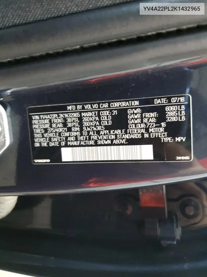 2019 Volvo Xc90 T6 Inscription VIN: YV4A22PL2K1432965 Lot: 65071655