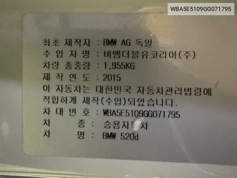 5 Series (F10) 520D M Aero Dynamic VIN: WBA5E5109GG071795 Lot: 40000528