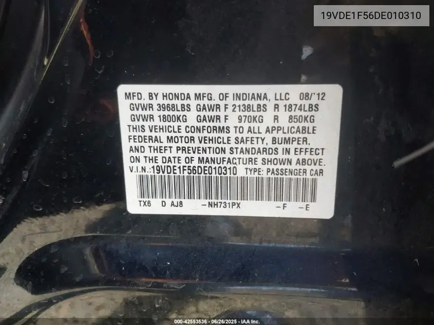 2013 Acura Ilx 2.0L VIN: 19VDE1F56DE010310 Lot: 42553536
