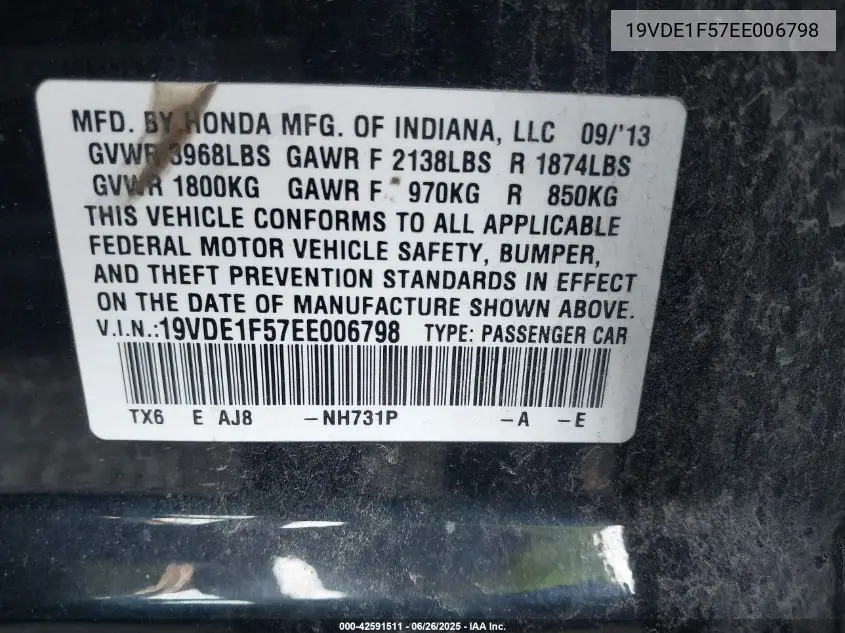 2014 Acura Ilx 2.0L VIN: 19VDE1F57EE006798 Lot: 42591511