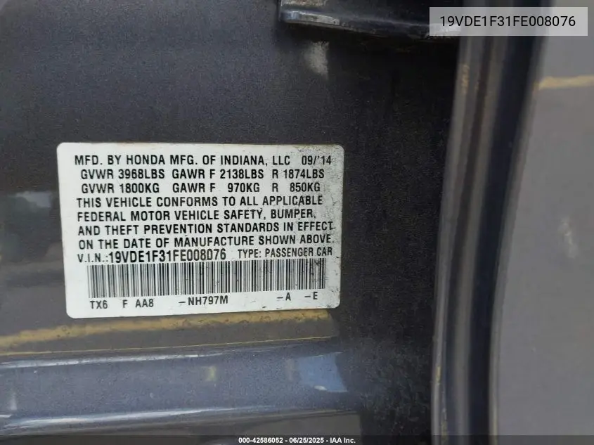 2015 Acura Ilx 2.0L VIN: 19VDE1F31FE008076 Lot: 42586052