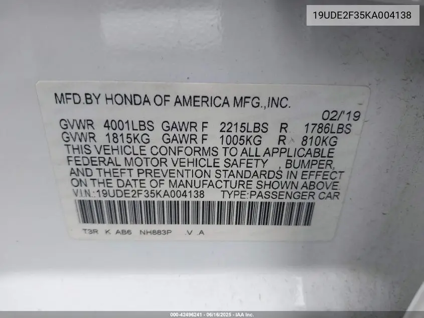 2019 Acura Ilx Standard VIN: 19UDE2F35KA004138 Lot: 42496241