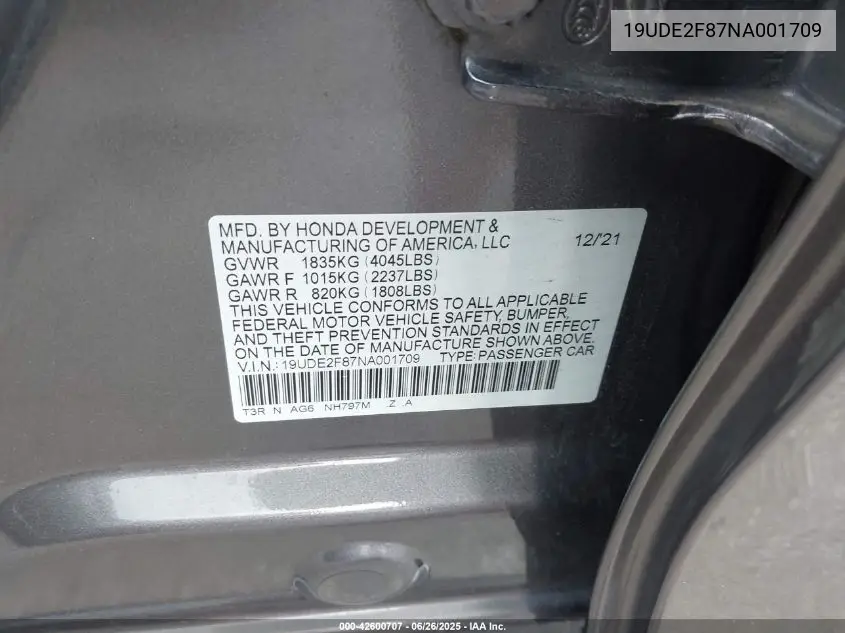 2022 Acura Ilx Premium A-Spec Packages/Technology A-Spec Packages VIN: 19UDE2F87NA001709 Lot: 42600707