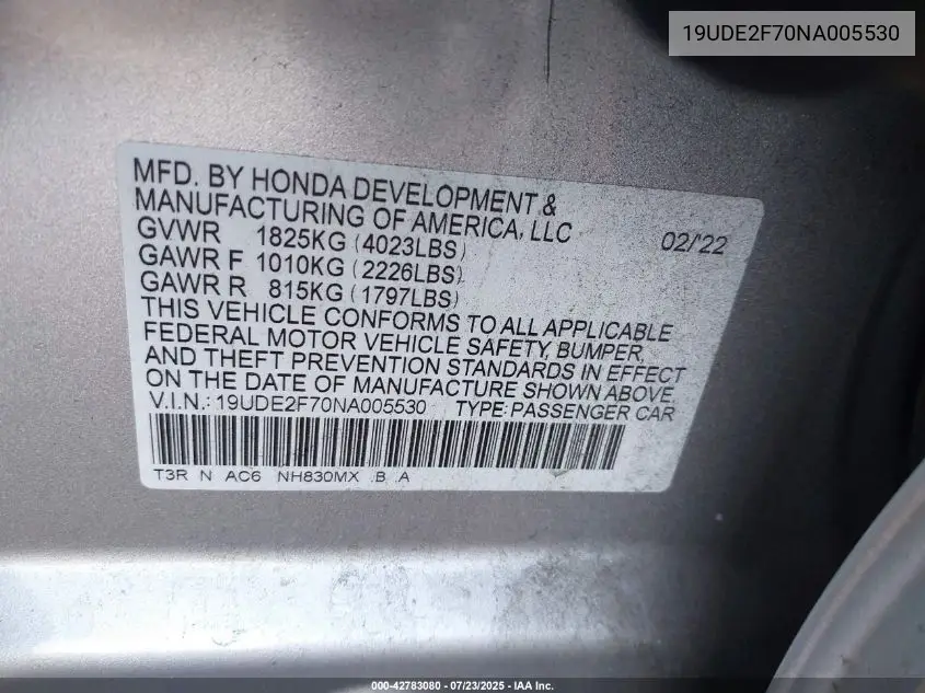 2022 Acura Ilx Premium Package VIN: 19UDE2F70NA005530 Lot: 42783080
