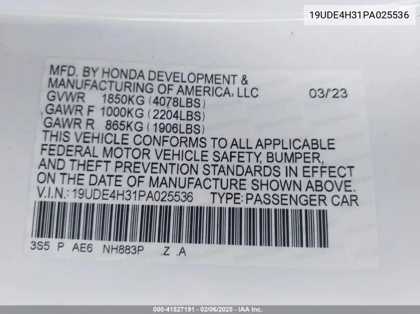 2023 Acura Integra A-Spec VIN: 19UDE4H31PA025536 Lot: 41527191