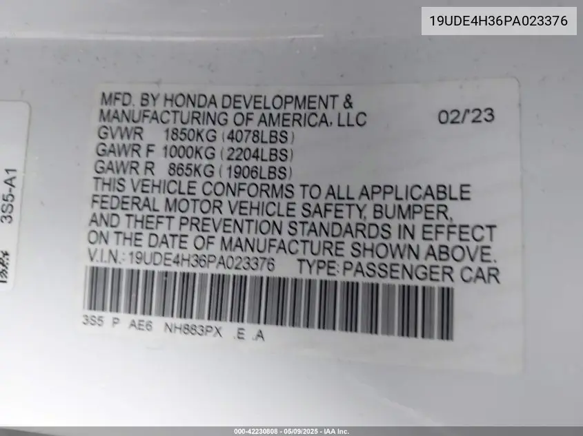 2023 Acura Integra A-Spec VIN: 19UDE4H36PA023376 Lot: 42230808