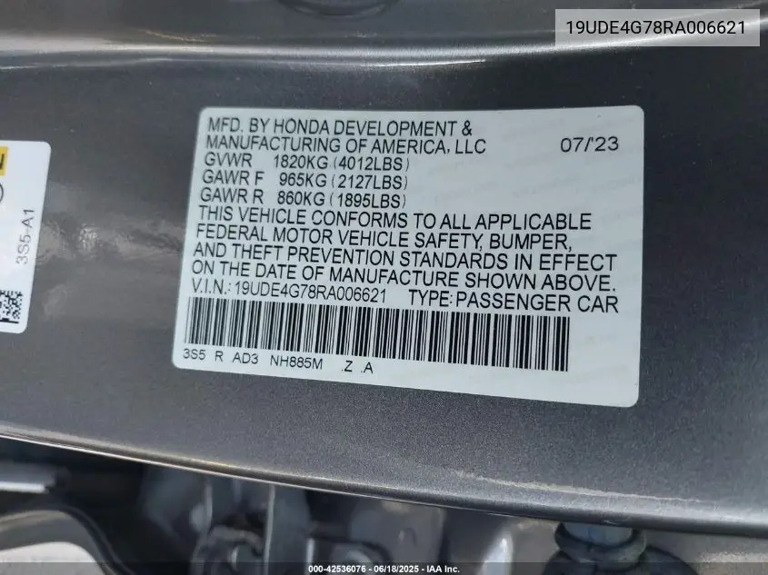 2024 Acura Integra A-Spec Technology VIN: 19UDE4G78RA006621 Lot: 42536076