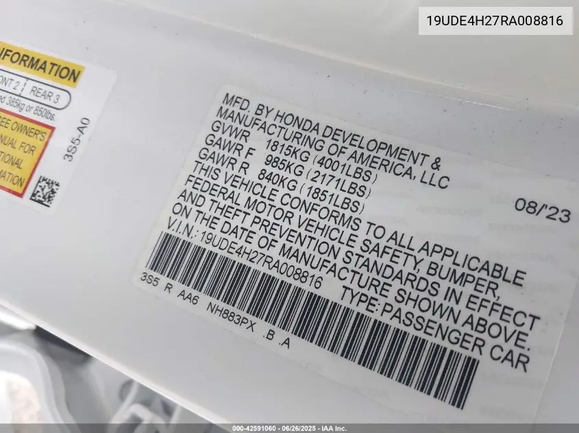 2024 Acura Integra VIN: 19UDE4H27RA008816 Lot: 42591060