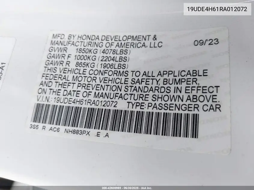 2024 Acura Integra A-Spec Technology VIN: 19UDE4H61RA012072 Lot: 42608969