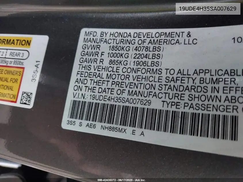 2025 Acura Integra A-Spec VIN: 19UDE4H35SA007629 Lot: 42435372