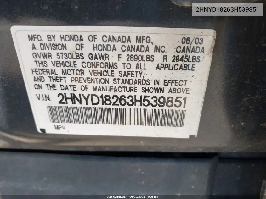 2003 Acura Mdx VIN: 2HNYD18263H539851 Lot: 42546067