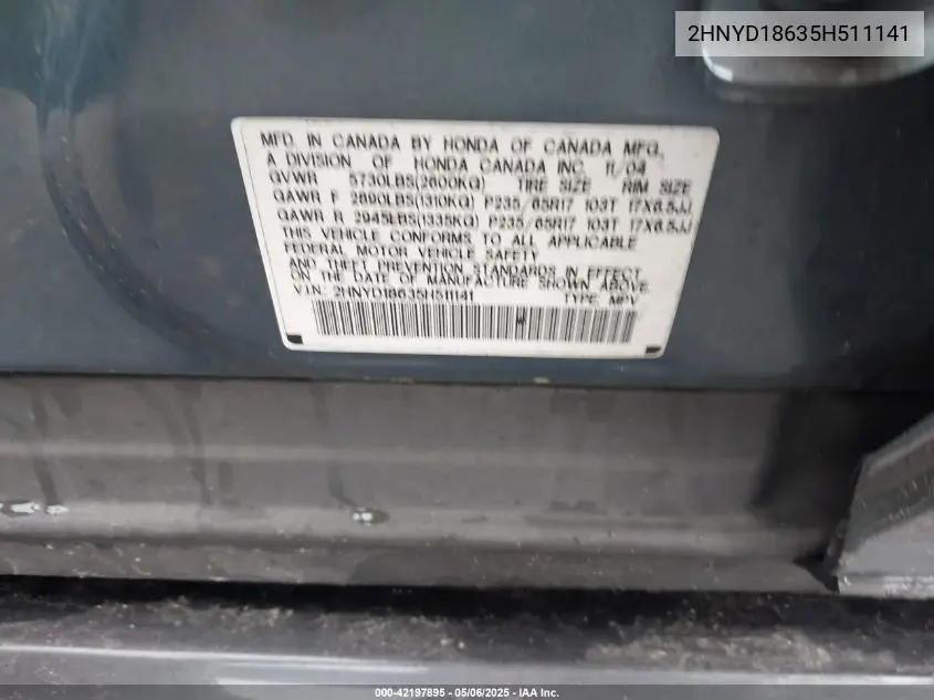 2005 Acura Mdx VIN: 2HNYD18635H511141 Lot: 42197895