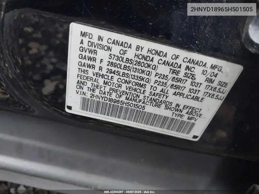 2005 Acura Mdx VIN: 2HNYD18965H501505 Lot: 42204297