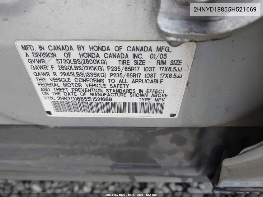 2005 Acura Mdx VIN: 2HNYD18855H521669 Lot: 42571823