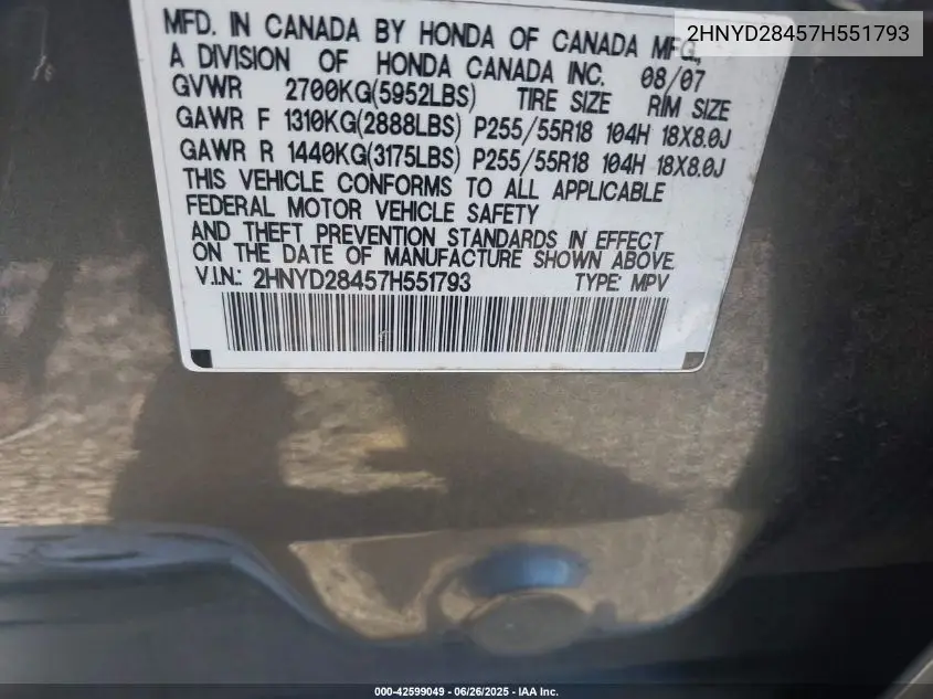 2007 Acura Mdx Technology Package VIN: 2HNYD28457H551793 Lot: 42599049