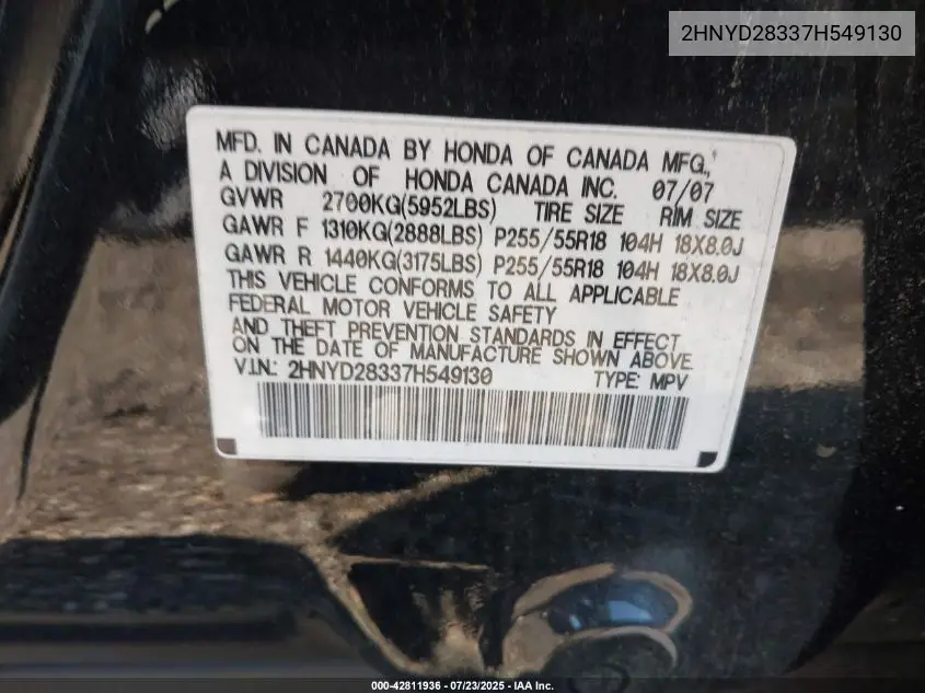 2007 Acura Mdx Technology Package VIN: 2HNYD28337H549130 Lot: 42811936