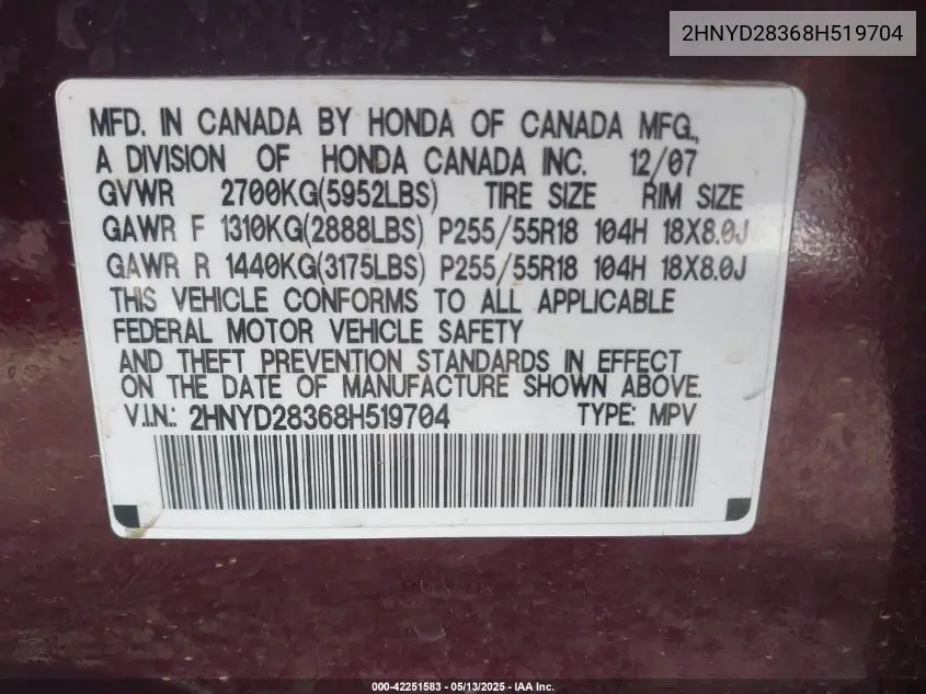 2008 Acura Mdx Technology Package VIN: 2HNYD28368H519704 Lot: 42251583