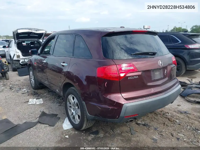 2008 Acura Mdx VIN: 2HNYD28228H534806 Lot: 42648382