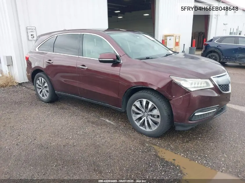 2014 Acura Mdx Technology Pkg W/Entertainment Pkg VIN: 5FRYD4H66EB048648 Lot: 42203489