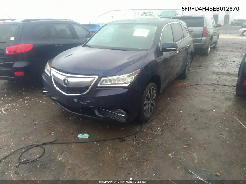 2014 Acura Mdx Technology Package VIN: 5FRYD4H45EB012870 Lot: 42211576
