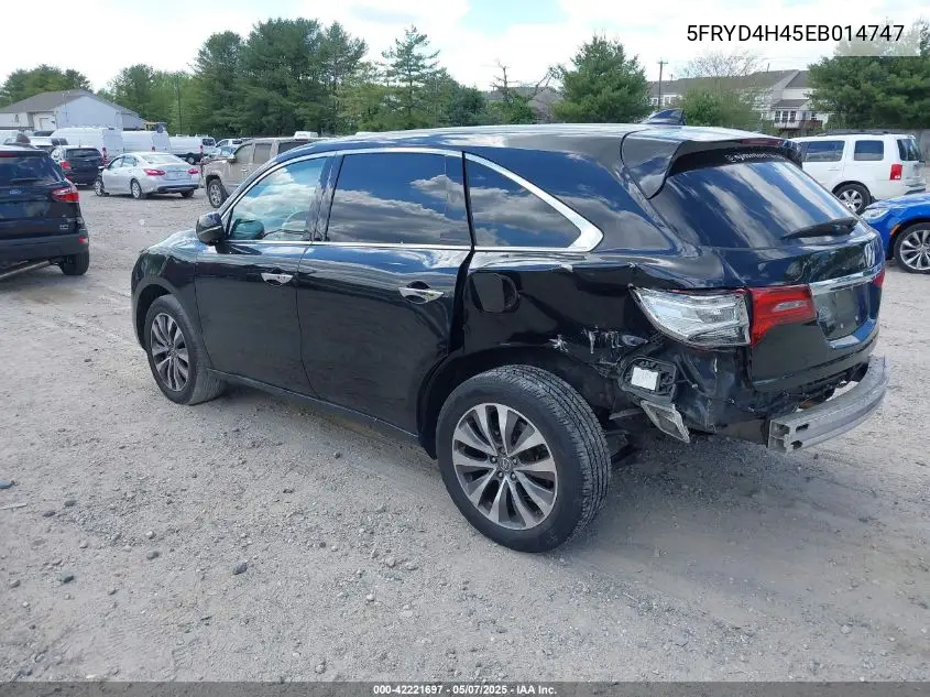 2014 Acura Mdx Technology Package VIN: 5FRYD4H45EB014747 Lot: 42221697