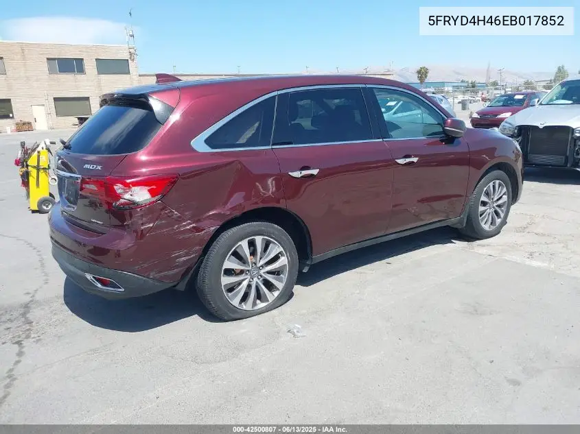 2014 Acura Mdx Technology Package VIN: 5FRYD4H46EB017852 Lot: 42500807