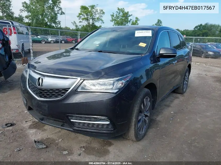 2014 Acura Mdx Technology Package VIN: 5FRYD4H47EB017567 Lot: 42663764
