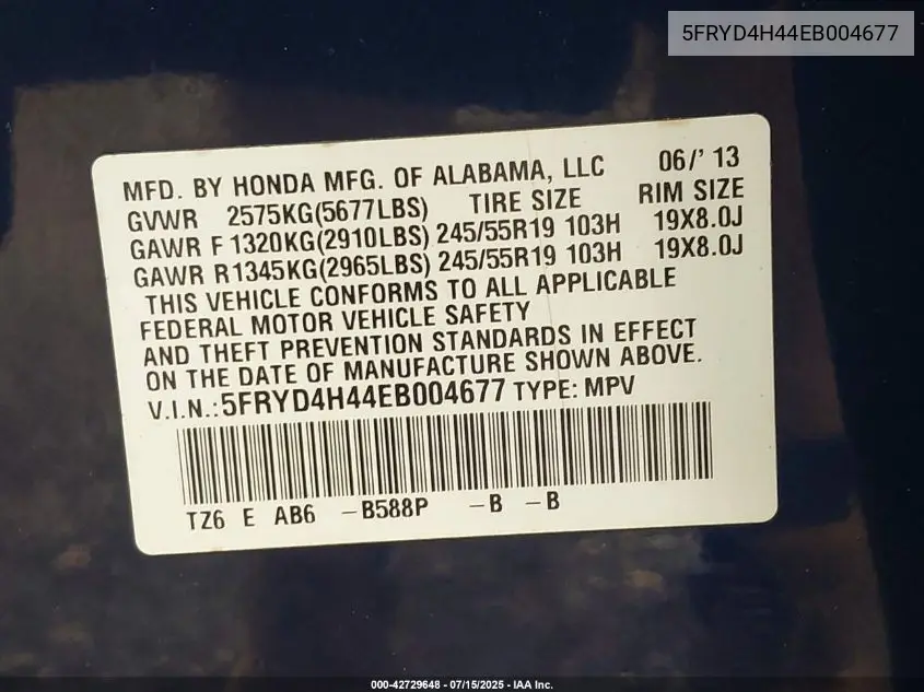 2014 Acura Mdx Technology Package VIN: 5FRYD4H44EB004677 Lot: 42729648