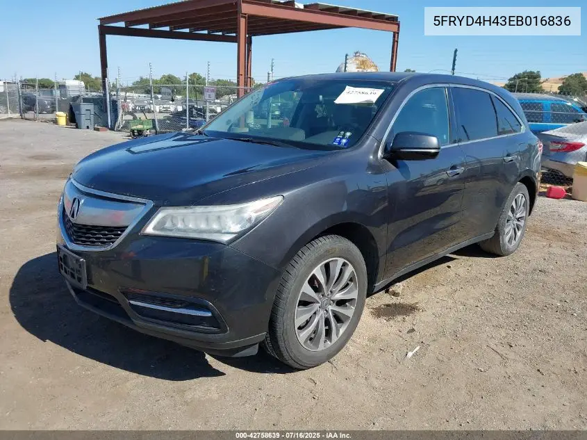 2014 Acura Mdx Technology Package VIN: 5FRYD4H43EB016836 Lot: 42758639