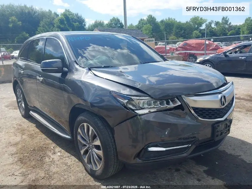 2015 Acura Mdx Technology Package VIN: 5FRYD3H43FB001362 Lot: 42821807