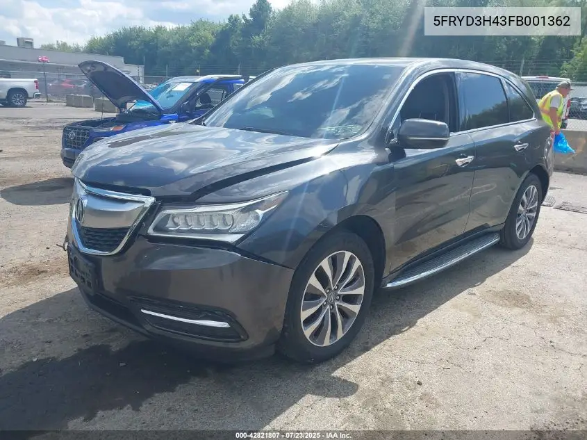 2015 Acura Mdx Technology Package VIN: 5FRYD3H43FB001362 Lot: 42821807