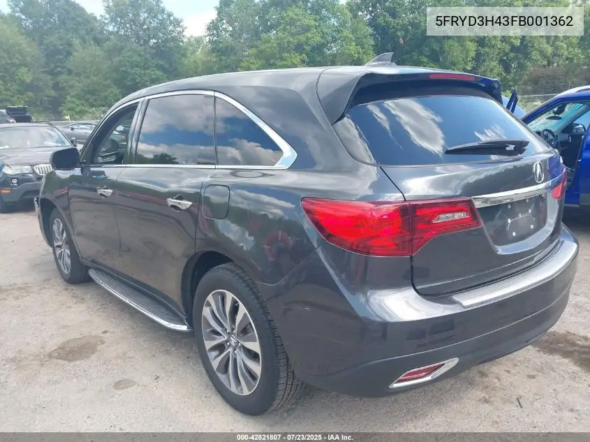 2015 Acura Mdx Technology Package VIN: 5FRYD3H43FB001362 Lot: 42821807
