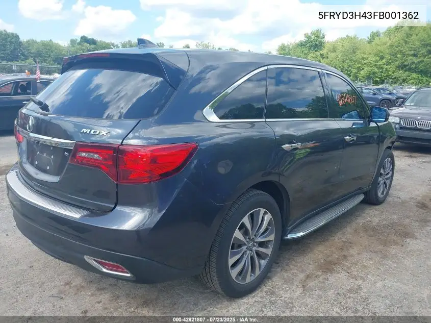 2015 Acura Mdx Technology Package VIN: 5FRYD3H43FB001362 Lot: 42821807