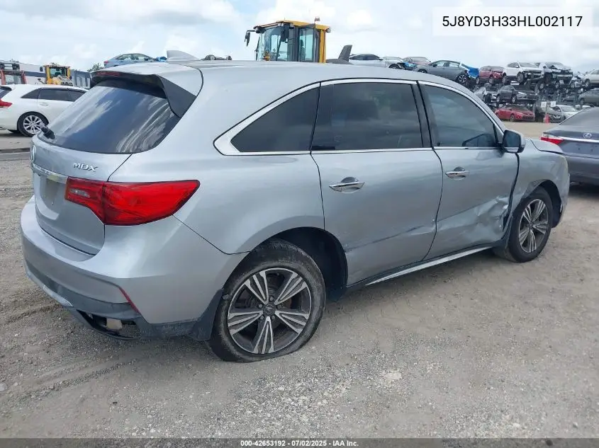 2017 Acura Mdx VIN: 5J8YD3H33HL002117 Lot: 42653192