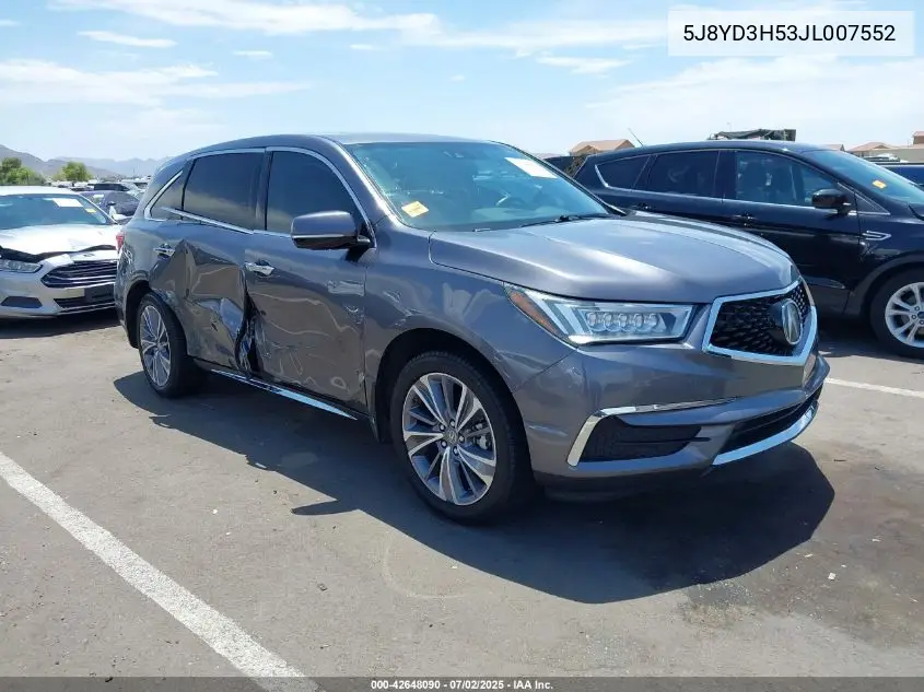 2018 Acura Mdx Technology Package Acurawatch Plus Pkg VIN: 5J8YD3H53JL007552 Lot: 42648090
